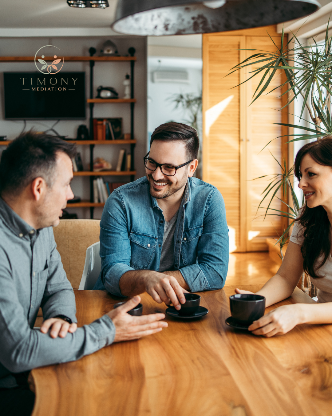 Three people sitting around a wooden table in a casual setting, with 'Timony Mediation' logo in the corner.